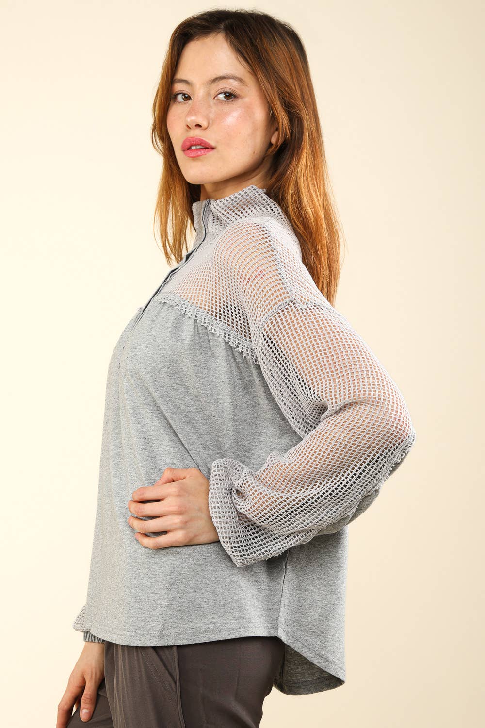 VERY J - Vente Haut en maille – femme - NT11408 - Haut en tricot Henley surdimensionné à col haut10