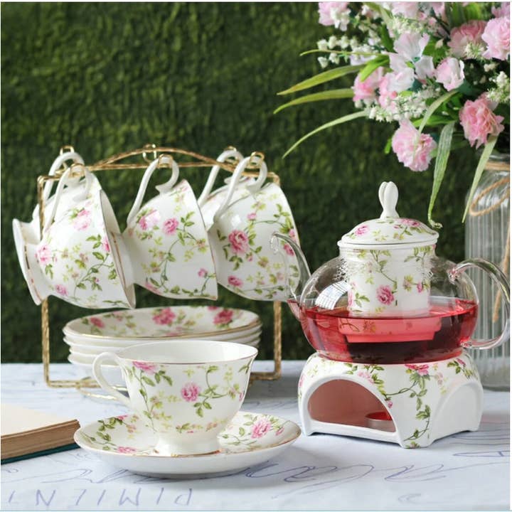 Green Pastures Wholesale - Wholesale Tea Set - 14K Rose & Flower Tea Set with Infuser