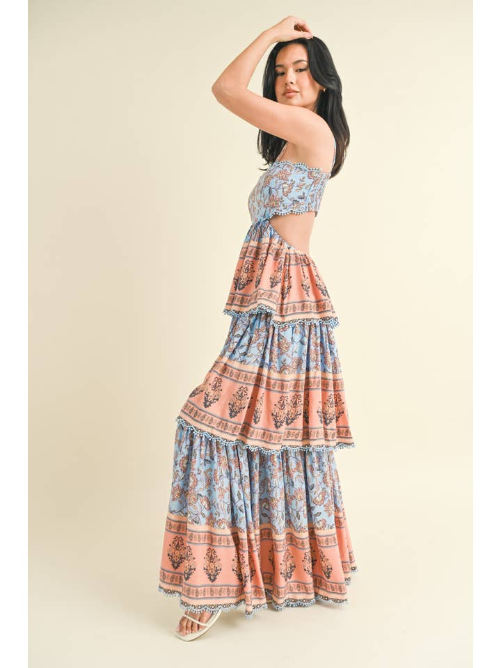 Klesis - Wholesale Dress – Women's - ID7063 THREE TIER PRINTED MAXI DRESS WITH POM POM TRIM7