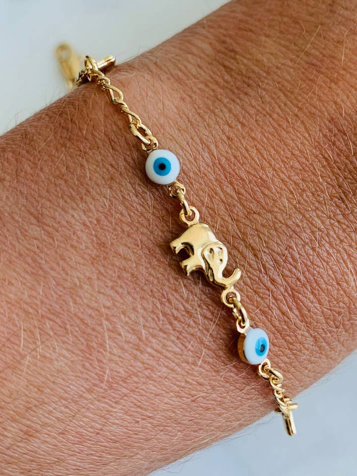 Gold Filled Evil Eye & Elephant Bracelet | Protective Charm for wholesale by Haus of Monogram