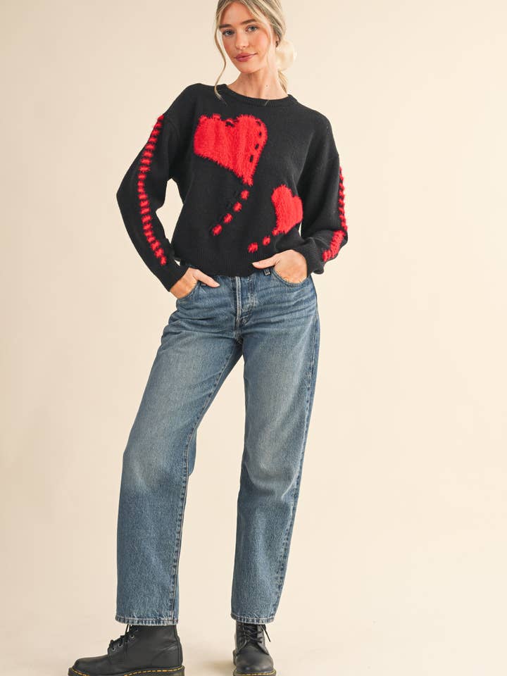 &MERCI - Wholesale Knit Sweater - Women's - FUZZY HEART KNIT SWEATER WITH WHIP STITCH MSW109909