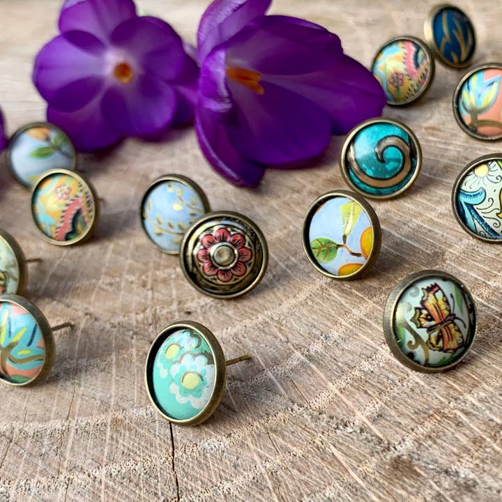 Bezeled stud earrings in an assortment of vintage tin for wholesale by Emerald Poppies