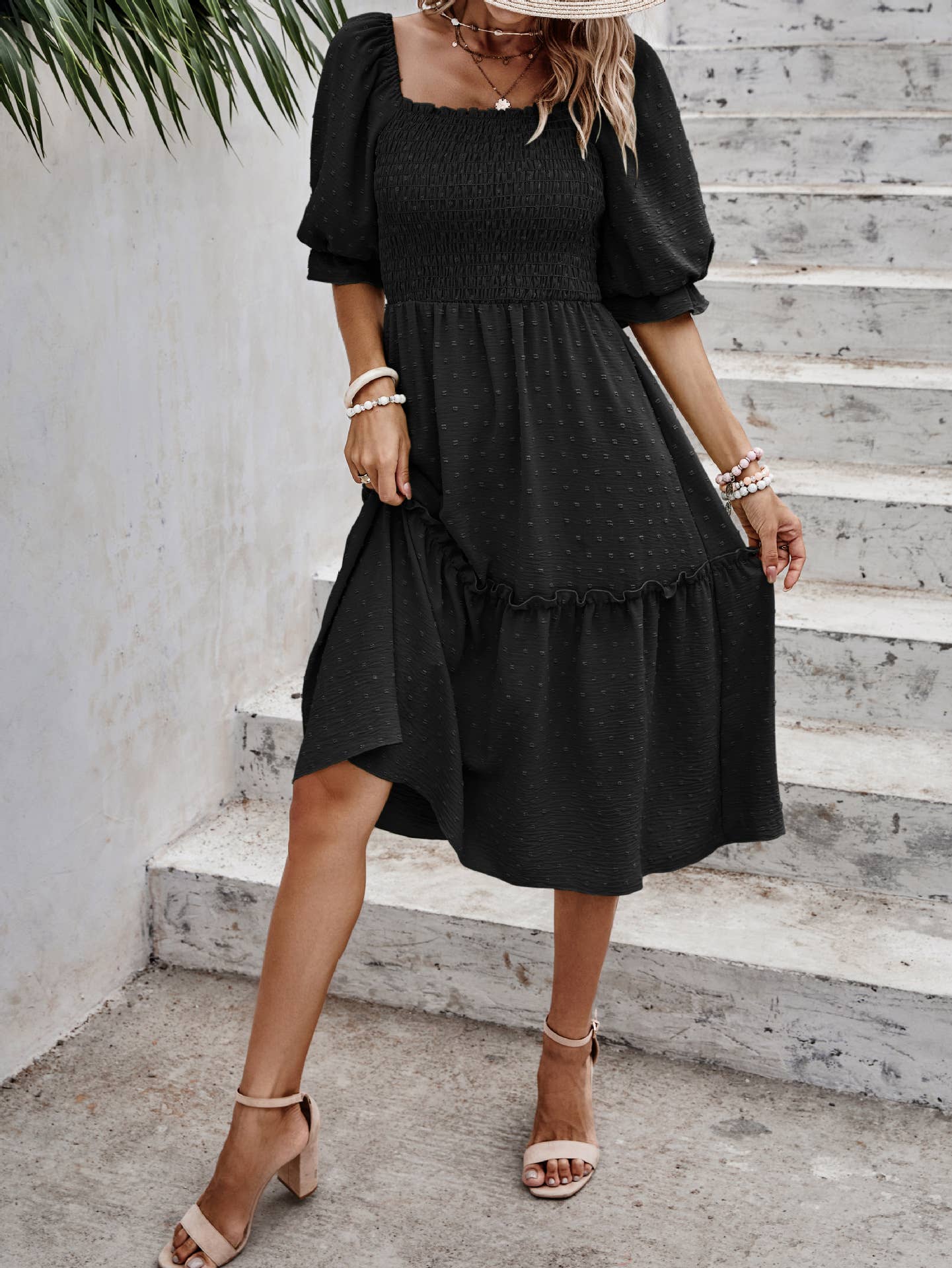 eLook – Großhandel Kleid – Damen – SZ1-DR6227 Swiss Dots Gemustertes Midikleid mit halben Ärmeln30