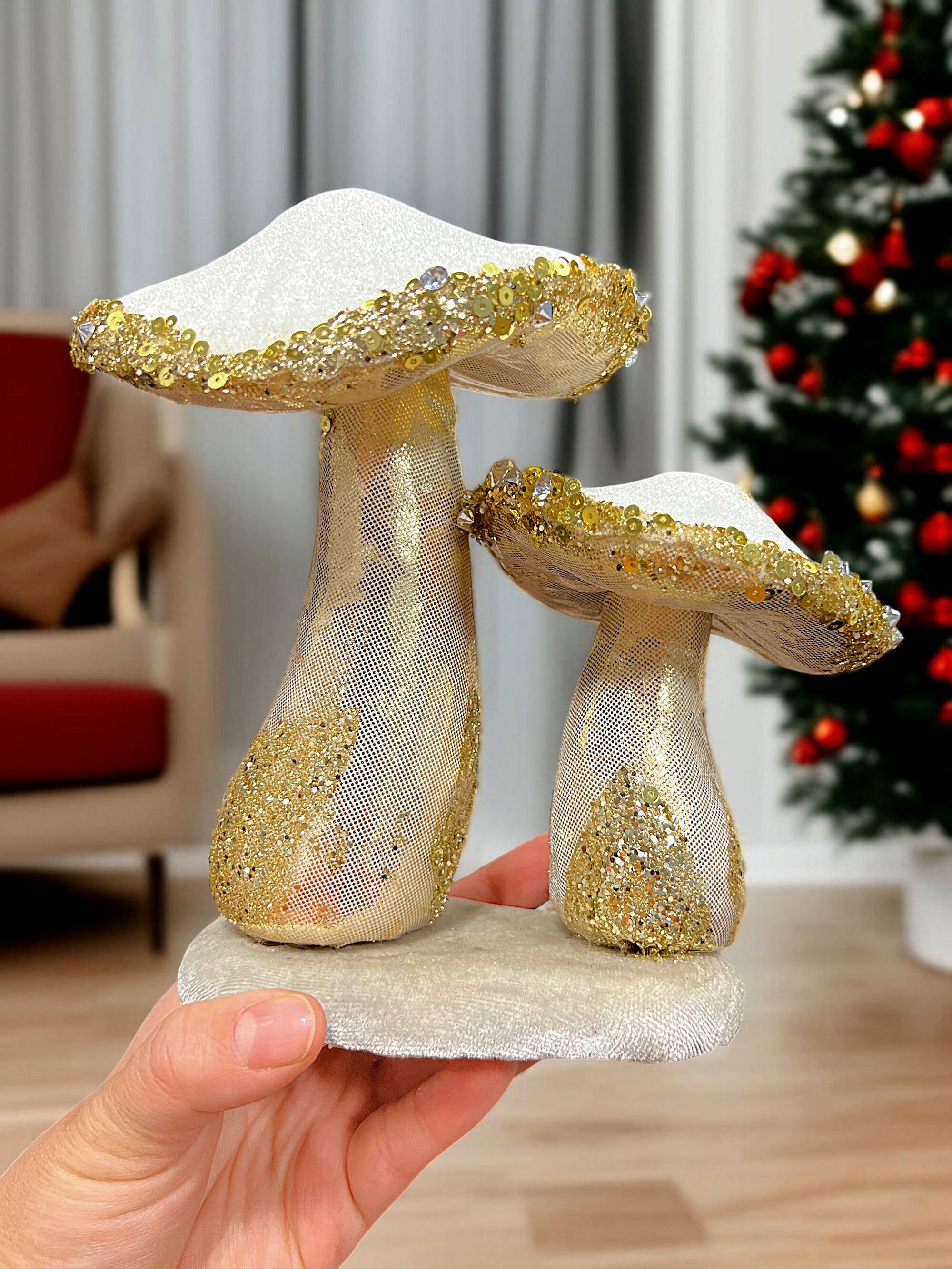 STP - Wholesale Christmas Decoration - 6.7" White and Gold Mushrooms Christmas Decoration4