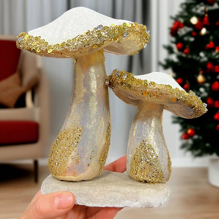 STP - Wholesale Christmas Decoration - 6.7" White and Gold Mushrooms Christmas Decoration4