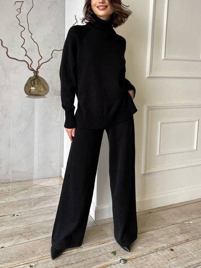 alberalkirk - Wholesale Top & Pant Set (NOT Loungewear) - Women's - Turtleneck Knit Set Women Wide Leg Pants N5A2934