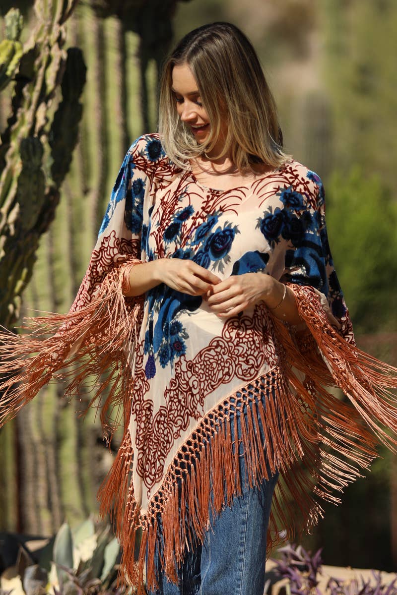 ANGIE - Wholesale Poncho - Women's - X2ED6-ASIS BURNOUT VELVET FRINGE HEM PONCHO2