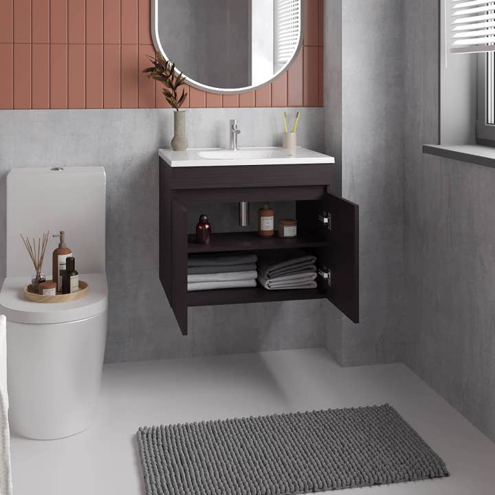 TUHOME FURNITURE - Wholesale Cabinet - Chaux Floating, Wide Double Door Vanity, With Resin Sink And Two Shelves, Bathroom Storage2