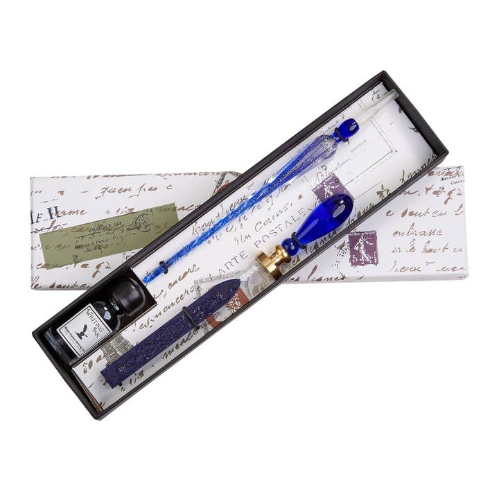 Blue Glass Wax Seal & Calligraphy Pen & Ink Set for wholesale by Freund Mayer & Co.