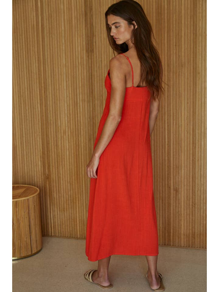 Red Orange L8172 | Woven Linen Rayon Button Down V-Neck Midi Dress for wholesale on Faire