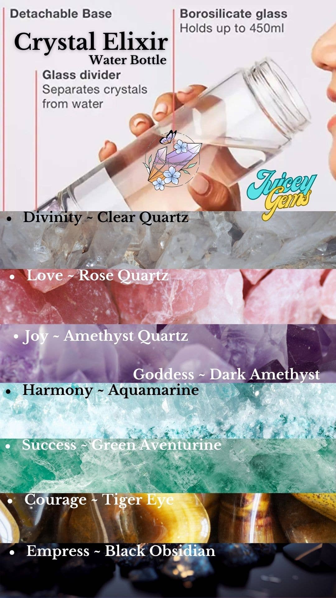 Juicey Gems – Großhandel Trinkflaschen – KOMBI-PAKET A Quarz-Kristall-Wasserflaschen12