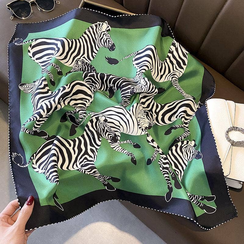 SueSilkHK - Wholesale Scarf - Women's - Green Zebra Pattern Luxurious 70cm Mulberry Silk Square Scarf/Hand-Rolled Hem/Small Neck Scarf/Gift For Her1