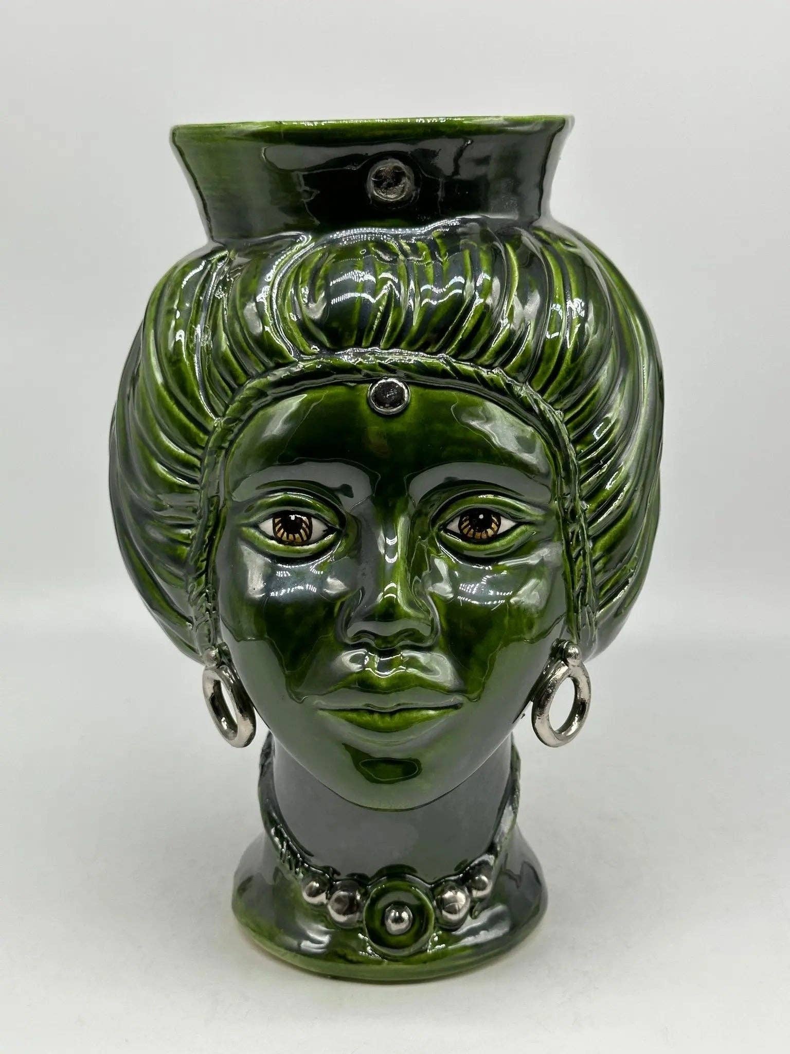 DD Ceramiche Siciliane - Vendita all'ingrosso Statuette decorative - Teste di Moro Mediterraneo Ceramica Caltagirone cm H.29 L.22 Artigianale Verde Platino2