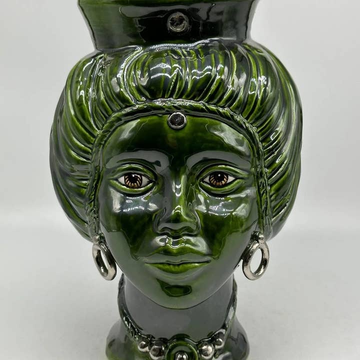 DD Ceramiche Siciliane - Vendita all'ingrosso Statuette decorative - Teste di Moro Mediterraneo Ceramica Caltagirone cm H.29 L.22 Artigianale Verde Platino2