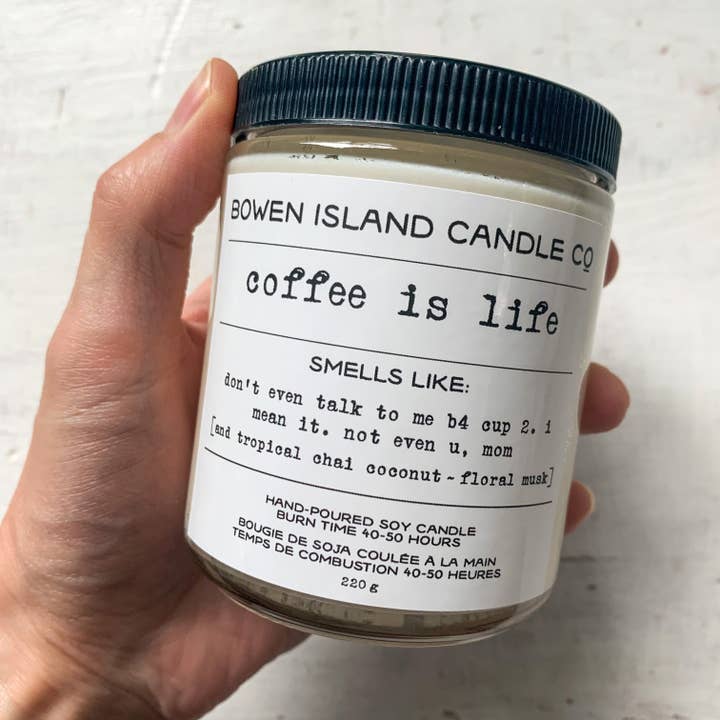 WHOLESALE 4 PACK Coffee is Life - tropical chai coconut ~ floral musk - Soy Candle - gifts for women, mom gift, office gift, friend gift for wholesale by Bowen Island Soap Company