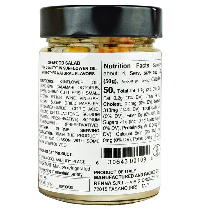 Wholesale Italian Food - Wholesale Tinned Fish - Renna, Seafood Salad, 10.58 oz, Fresh Packed in Italy - Italian Delicacy with Squid Octopus, Cuttlefish, Shrimp, and Mussels in Sunflower Oil1