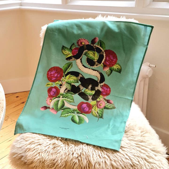 Organic Cotton Snake, Rose & Thistle Tea Towel for wholesale by Six Acre Meadow