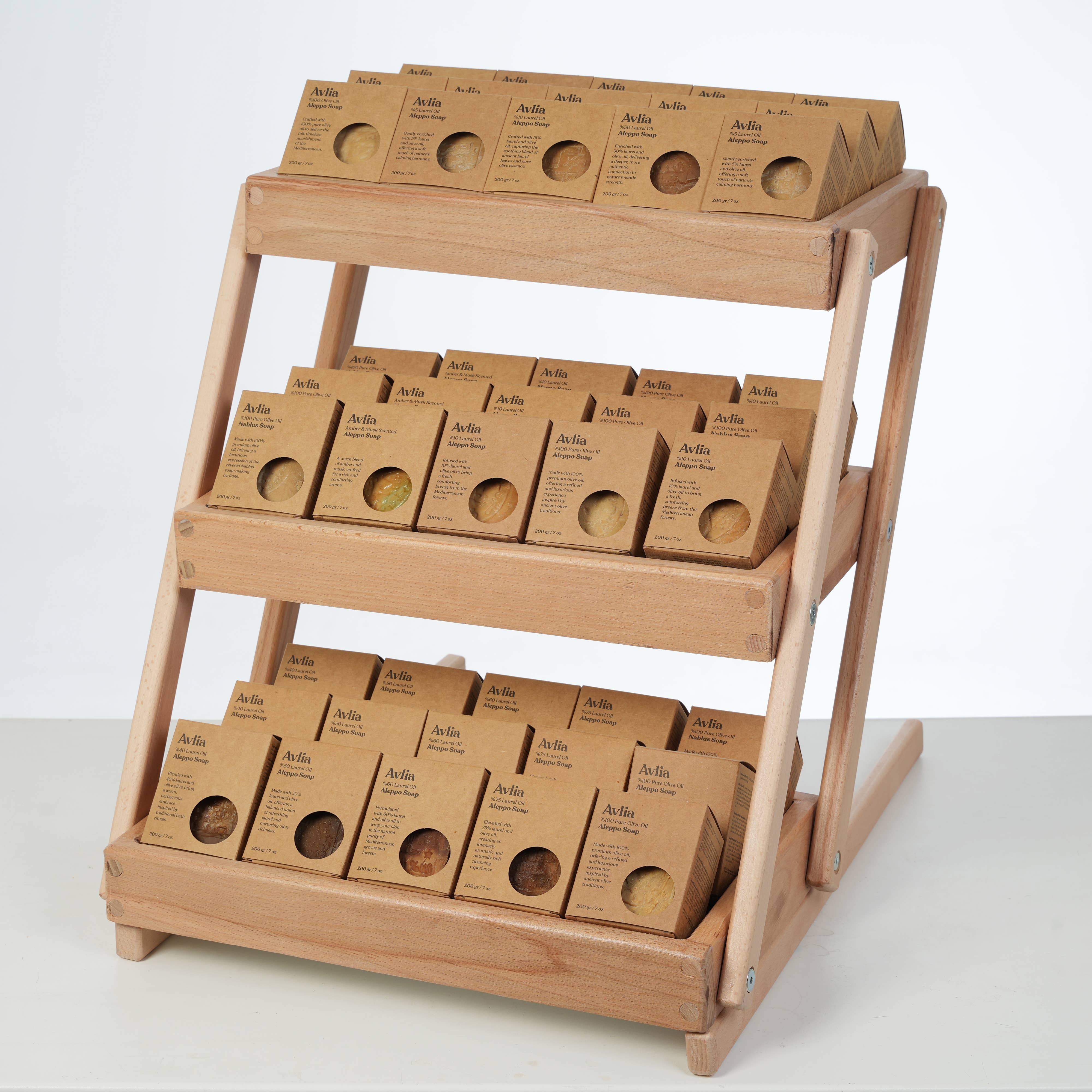 Avlia Home - Wholesale Retailer Display - Beauty & Wellness - 3-Tier Beech Display & 45pc Traditional Soap Starter Set2