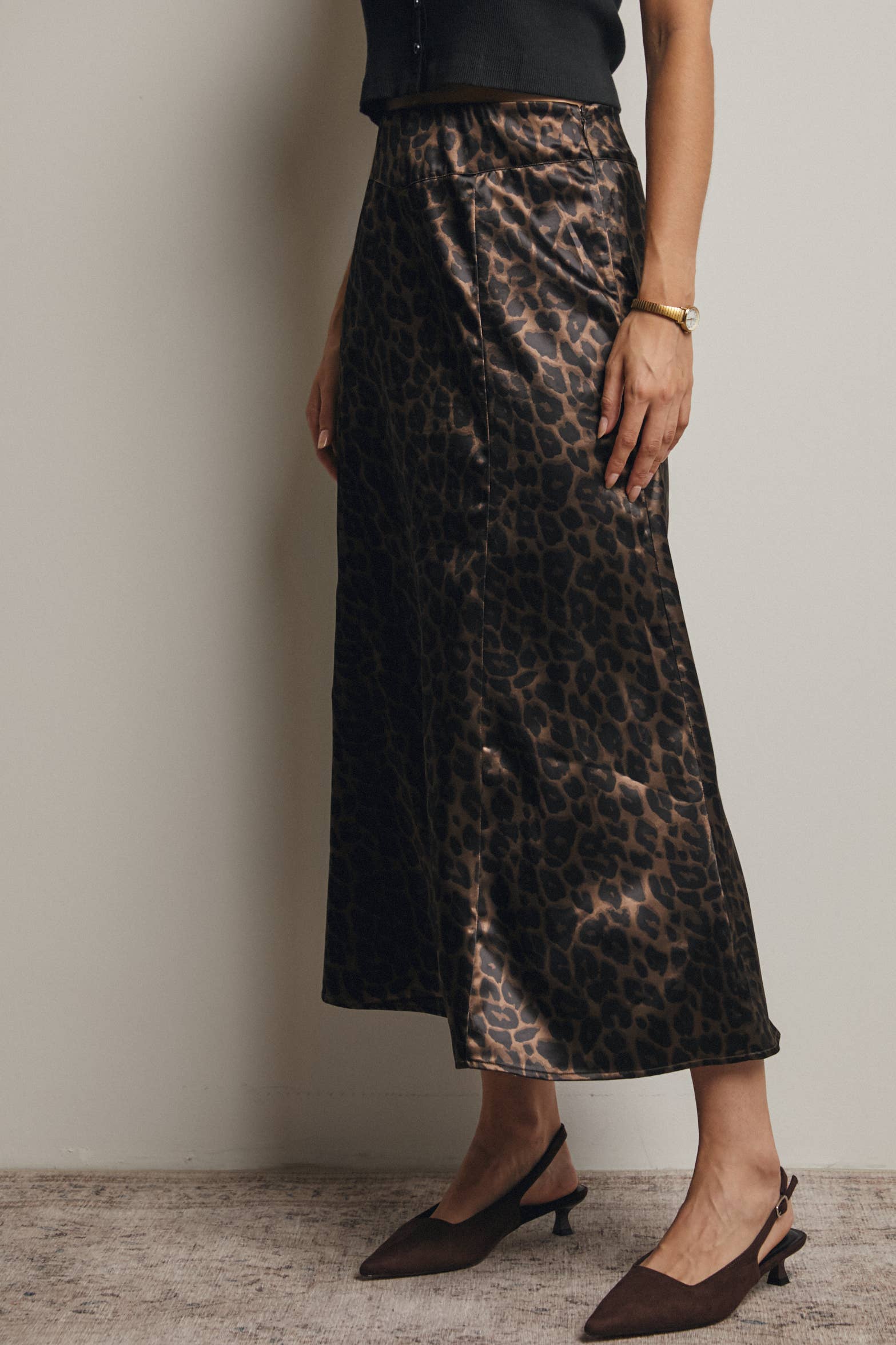 Forte - Wholesale Skirt - Women's - Leopard Print Satin Midi Skirt FSK000715