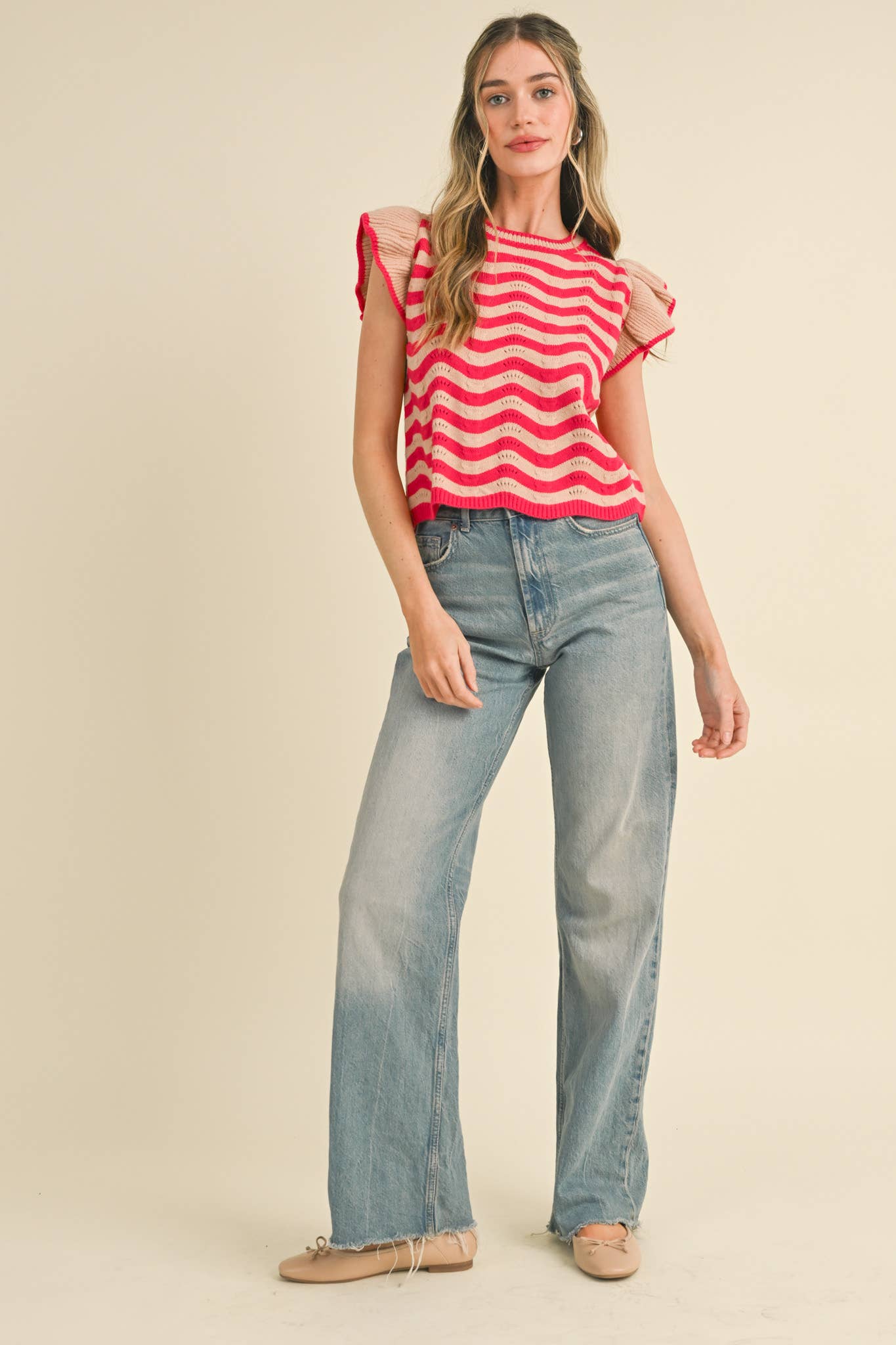 &MERCI - Wholesale Knit Sweater - Women's - WAVY STRIPES FLUTTER SLEEVE SWEATER TOP MSW105099