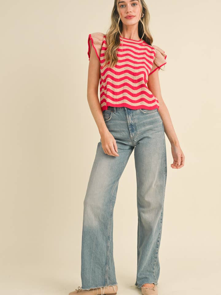 &MERCI - Wholesale Knit Sweater - Women's - WAVY STRIPES FLUTTER SLEEVE SWEATER TOP MSW105099