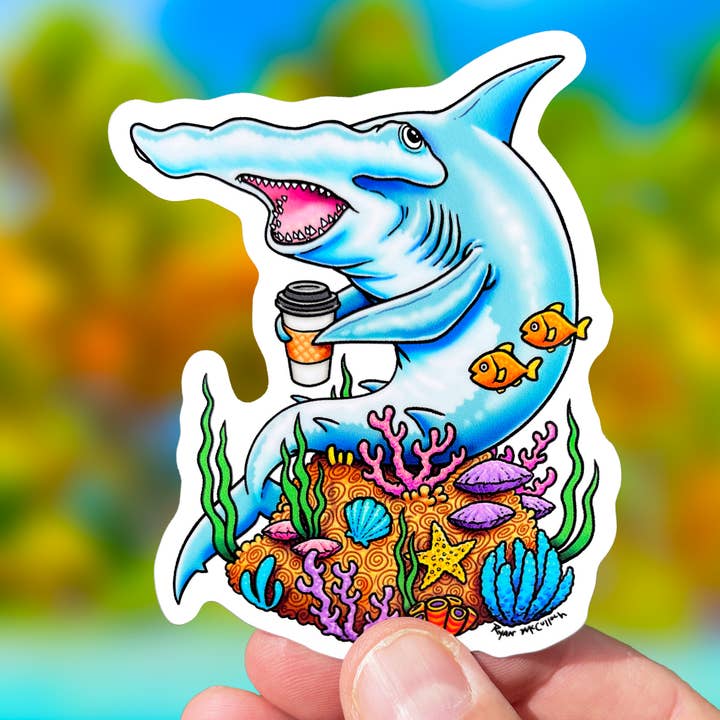Ryan McCulloch Art - Wholesale Sticker - VINYL STICKER: "Coffee Hammerhead Shark"