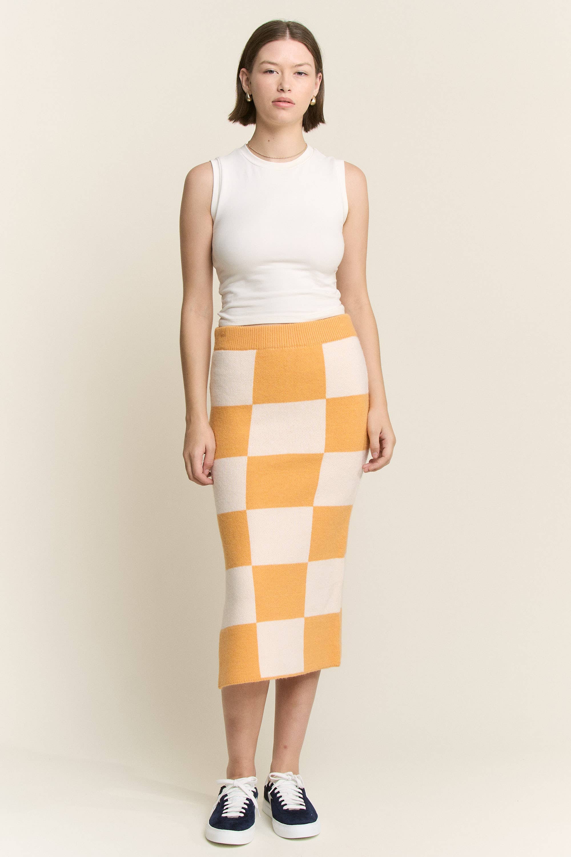 JADE BY JANE - Wholesale Skirt - Women's - BIG CHECKERED PAST KNIT PENCIL MIDI SKIRT W/ SIDE SLIT16