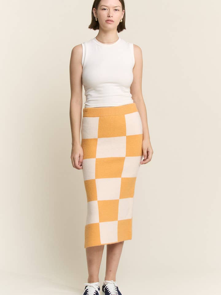 JADE BY JANE - Wholesale Skirt - Women's - BIG CHECKERED PAST KNIT PENCIL MIDI SKIRT W/ SIDE SLIT16