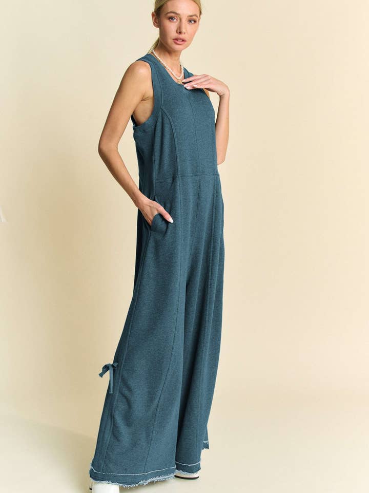 Davi & Dani - Wholesale Jumpsuit - Women's - RIBBED CONTRAST RUCHED SIDE SEAM FRENCH JUMPSUIT