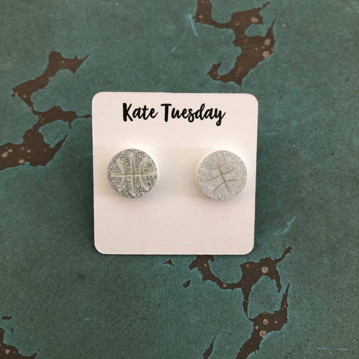 White Silver Glitter Basketball Earrings for wholesale by Kate Tuesday Jewelry