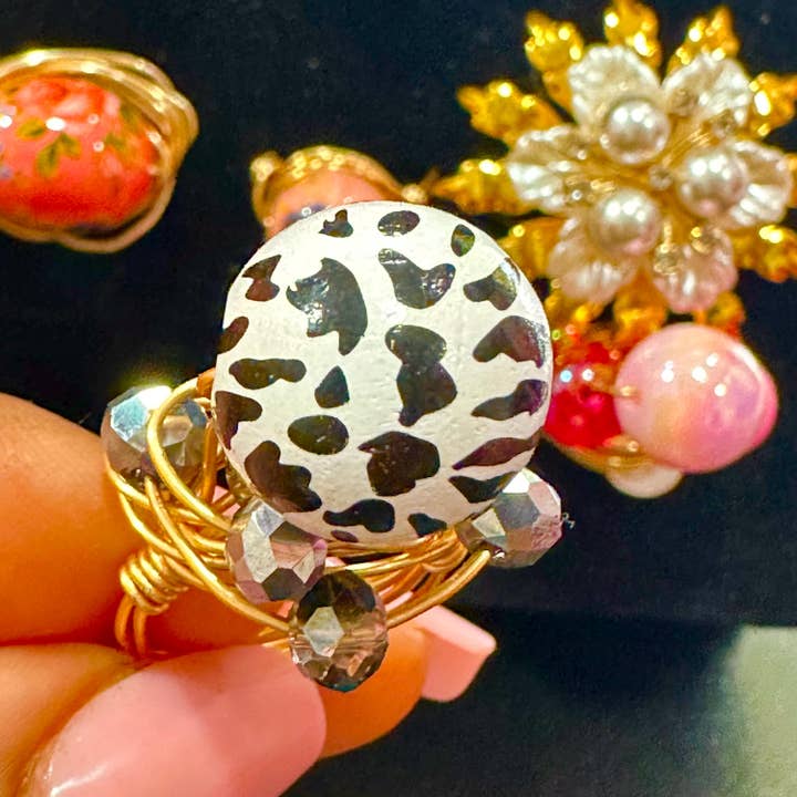 Designed By Risha - Wholesale Cocktail/Statement Ring - Gold Wire Wrapped Zebra Beaded Cocktail Ring Handmade