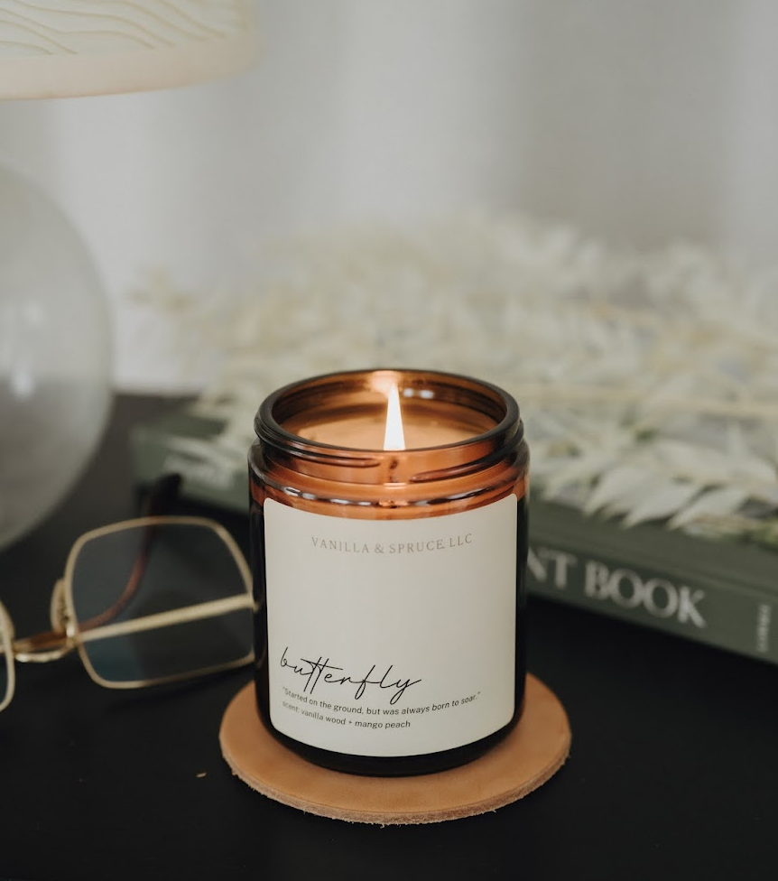 Vanilla and Spruce, LLC - Wholesale Jar/Filled Candle - 7 oz Candle - Butterfly1