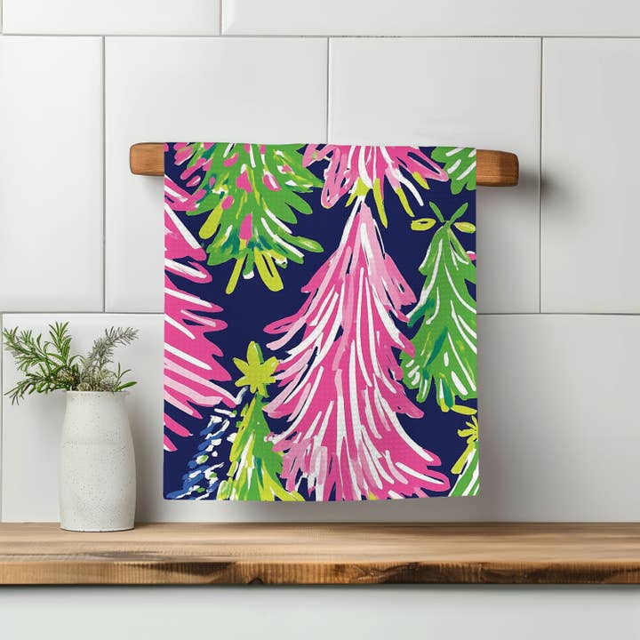 Canary Road - Wholesale Tea Towel - Preppy Navy Pink Chinoiserie Christmas Kitchen Towel Lime