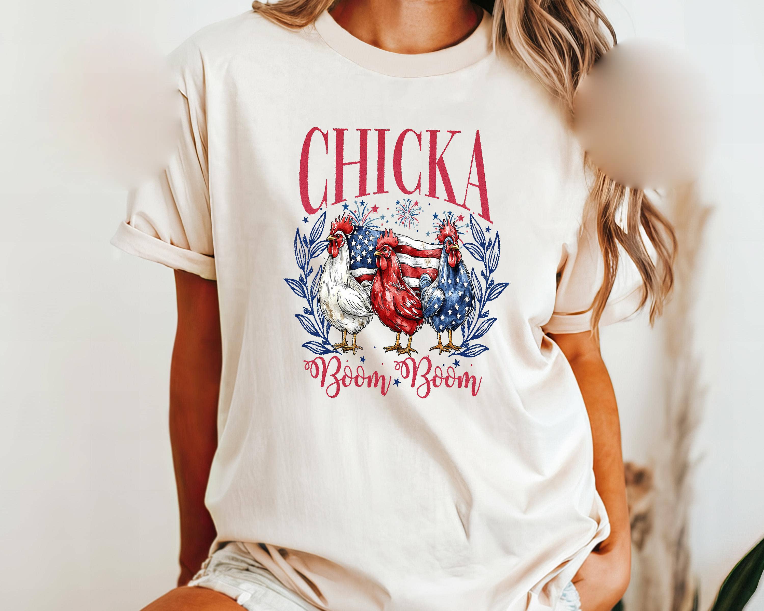 NVC Ecommerce LLC - Wholesale T-Shirt (Graphic) - Women's - Chicka Boom Boom T-Shirt, Patriotic Chickens Sweatshirt