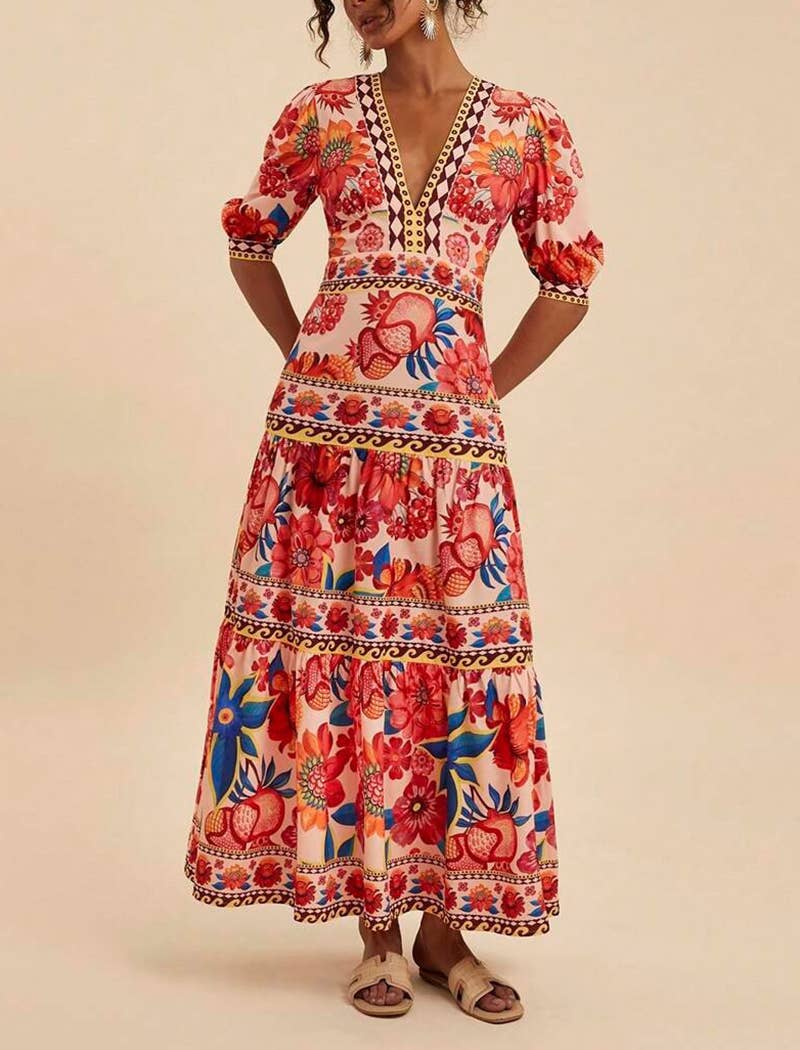 FLOWERY Floral Print Long Dress with Puff Sleeves for wholesale on Faire