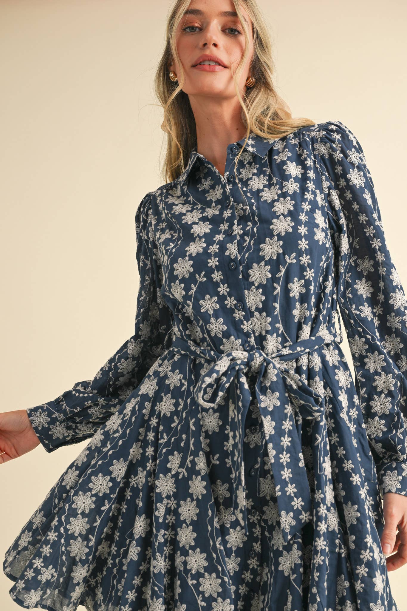 &MERCI - Wholesale Dress - Women's - FLORAL EMBROIDERY BUTTON DOWN FLARED MINI DRESS MDR342733