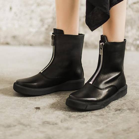 Stivali Chelsea in pelle di vacchetta Stivali corti fatti a mano con zip nero/nero corti in peluche per la vendita all'ingrosso da parte di DWARVES