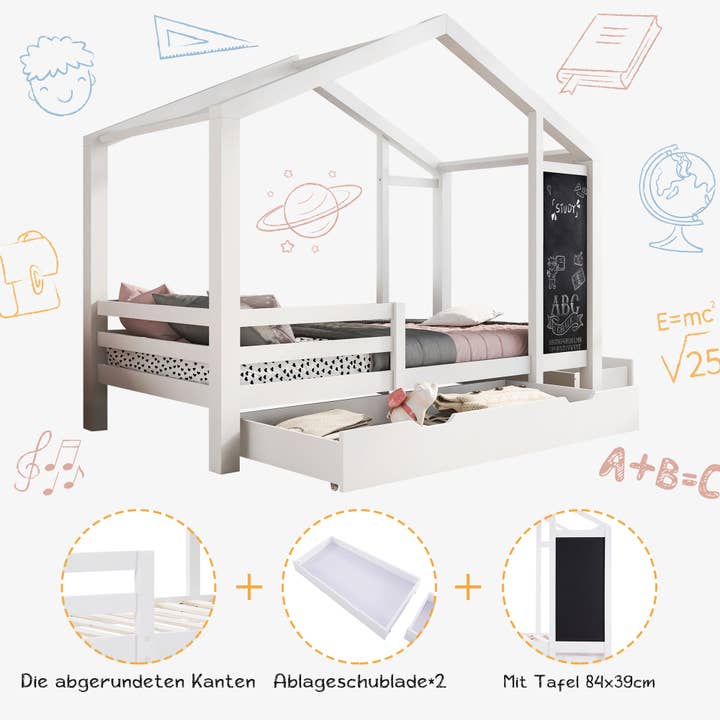 Urban Meuble - Wholesale Bed - Kids & Baby - Children's bed cabin bed white 90 x 200 cm solid wood house with fence and slatted base 2 storage drawer wheels, blackboard (without mattress) CHOLLUD17