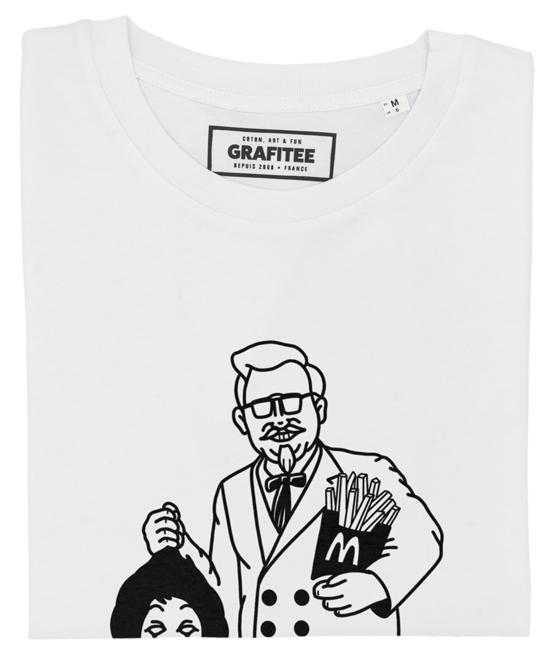 White Fast Food War T-shirt - Mal-Bouffe T-shirt for wholesale on Faire1