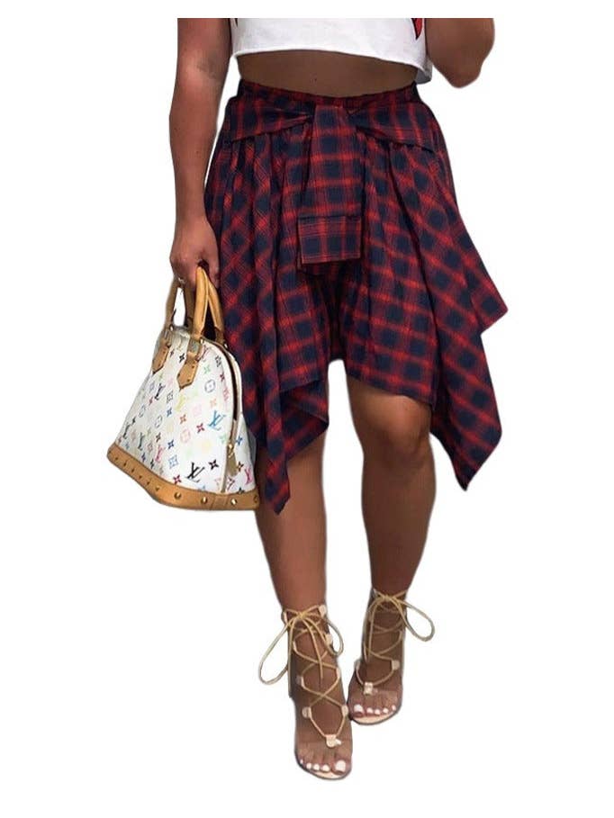 MB Fashion Wholesale - Wholesale Skirt - Women's - MB FASHION High-Waisted Plaid Skirt with Faux Tie 6556T
