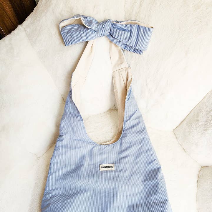 Extra Large Book Person Blue Striped Bow Tote Bag for wholesale by The Bean Workshop