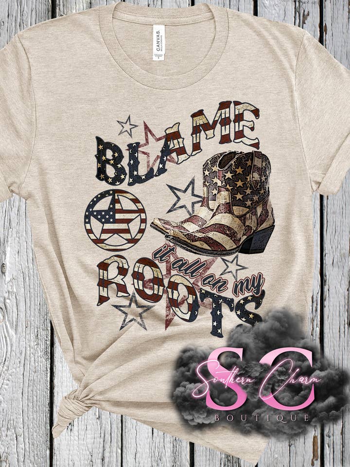 Blame It On My Roots Heather Dust T-shirt for engroshandel hos Southern Charm Boutique