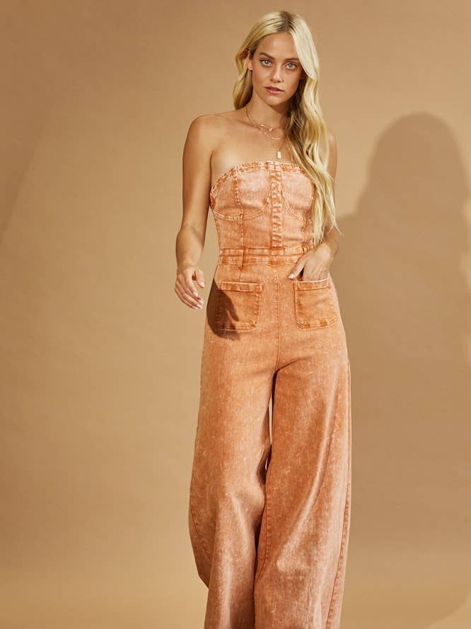 BOHO MINERAL WASH WIDE LEG DENIM JUMPSUIT 4406 LT RUST for wholesale on Faire