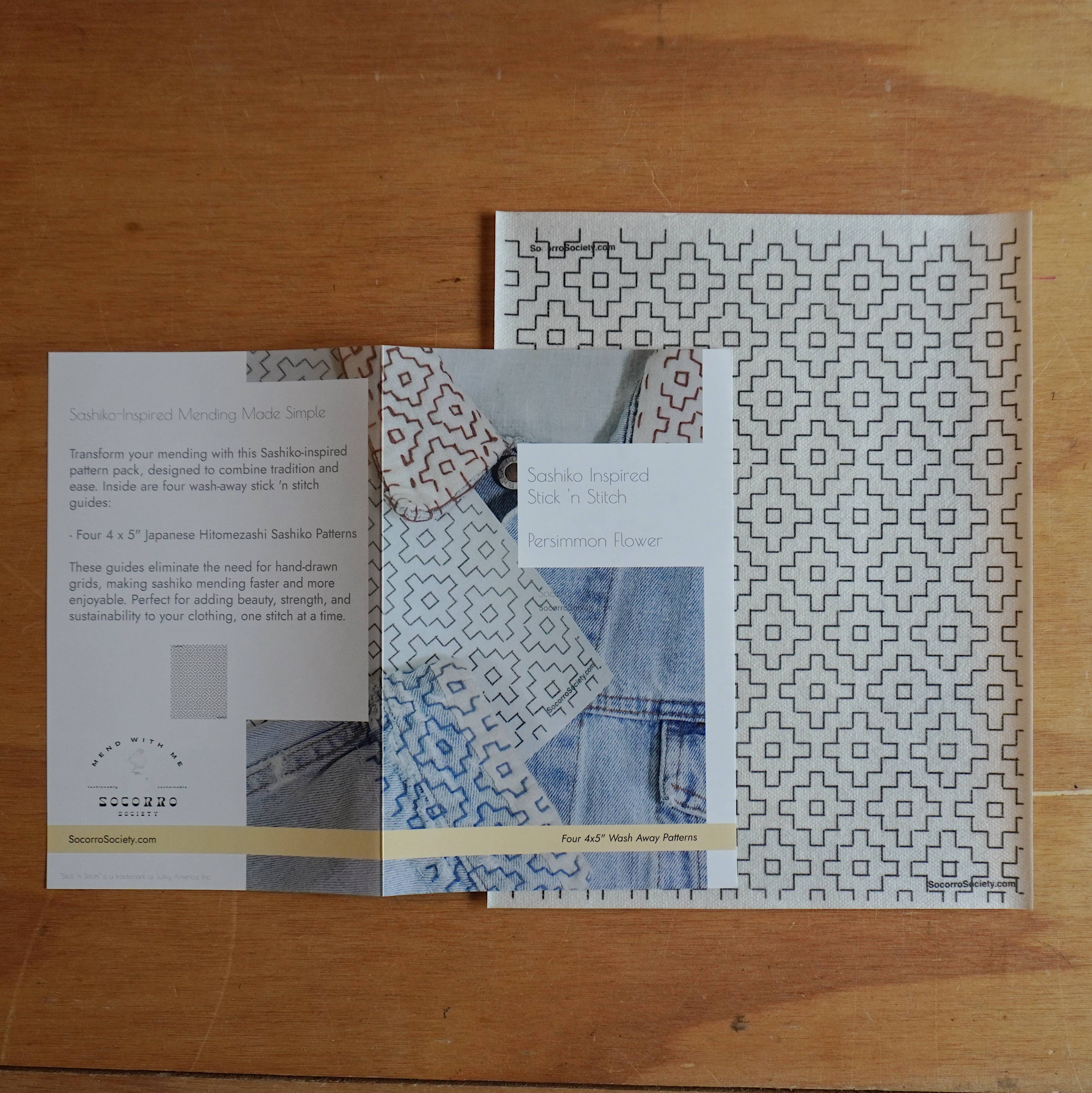 Socorro Society – wholesale Material för broderi/korsstygn – Sashiko-inspirerat reparationsset Stick ’n Stitch med persimmonblomma2