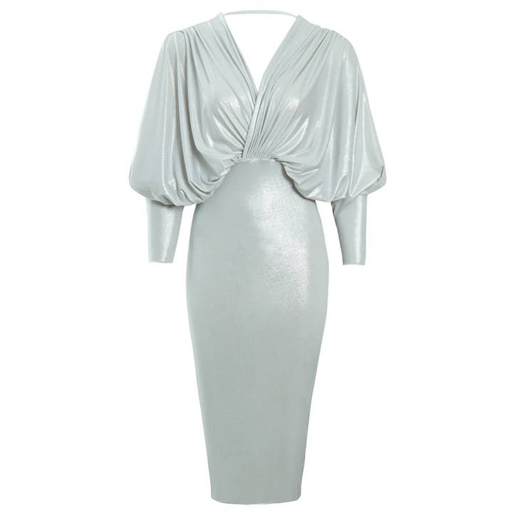 Ania - Metallic Plunge Front and Back Batwing Midi Dress for wholesale by SARVIN