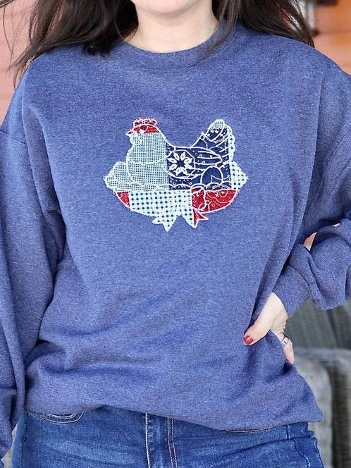 Embroidered Patriotic Chicken Sweatshirt, Farmhouse Applique Crewneck for wholesale by Castle Rock Co