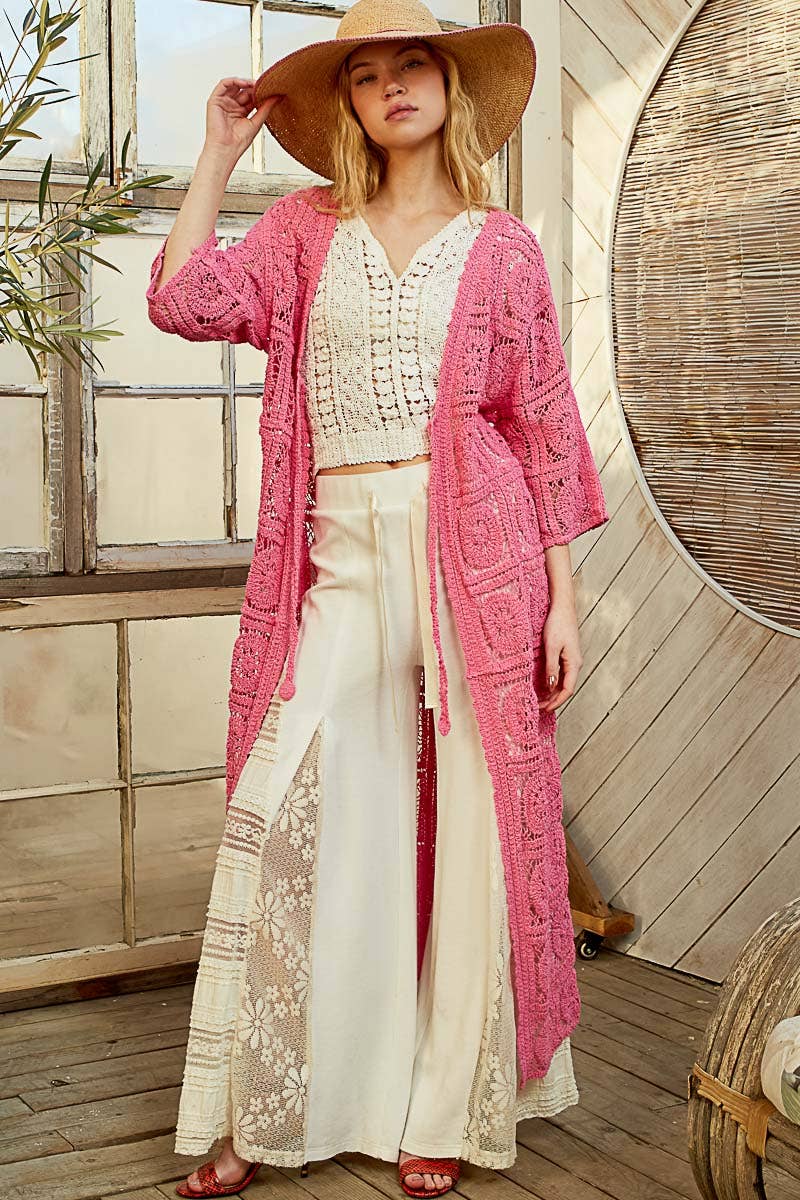 Pol Clothing - Wholesale Cardigan - Women's - Long Sleeve Crochet Open Long Cardigan1