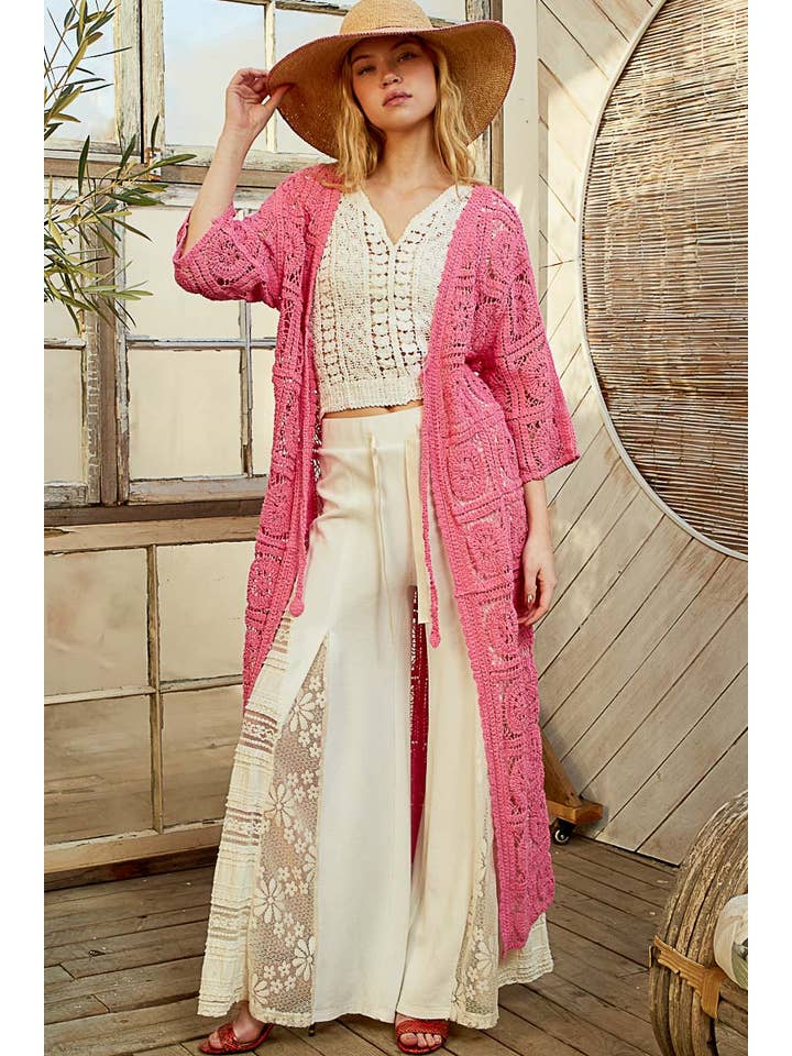 Pol Clothing - Wholesale Cardigan - Women's - Long Sleeve Crochet Open Long Cardigan1