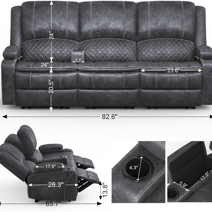 Grey Three Seater Manual Recliner Sofa Modern Living Room for wholesale on Faire1