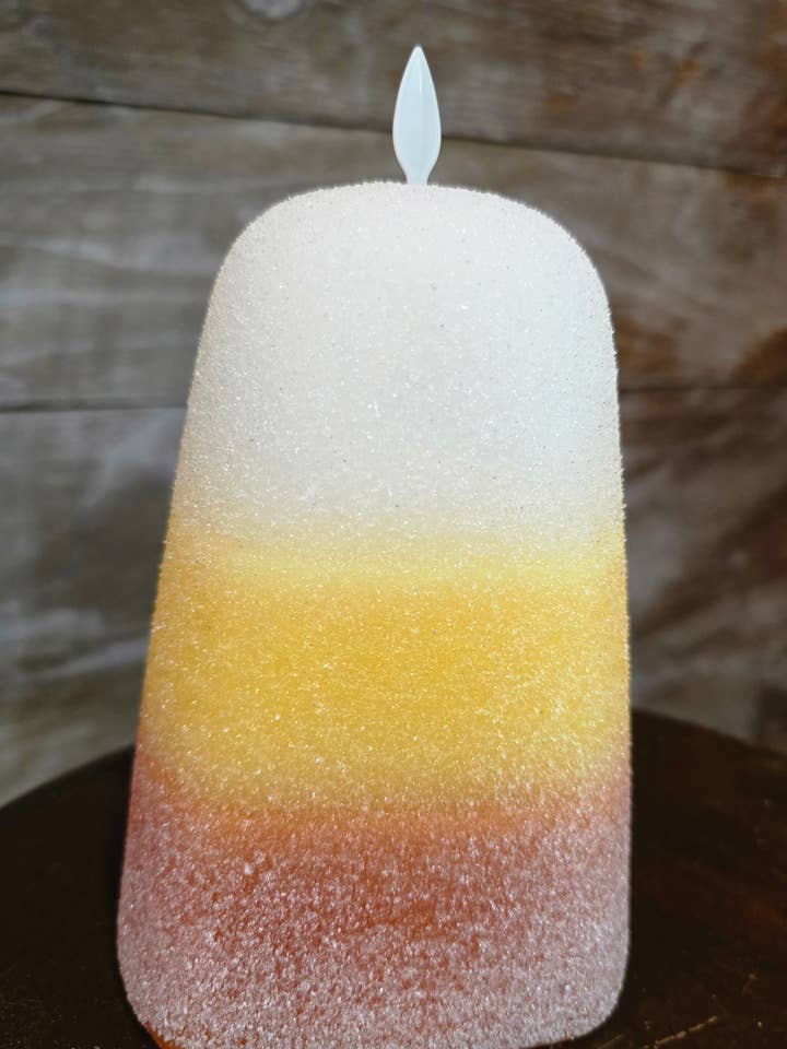 Frosted Candy Corn LED Candle 3x8in for wholesale by Wholesale Home Decor